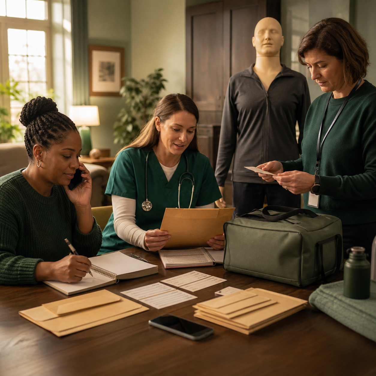 Home, school, and care responders prepare roles, emergency contacts, first-line skills, and second-line escalation during a readiness drill
