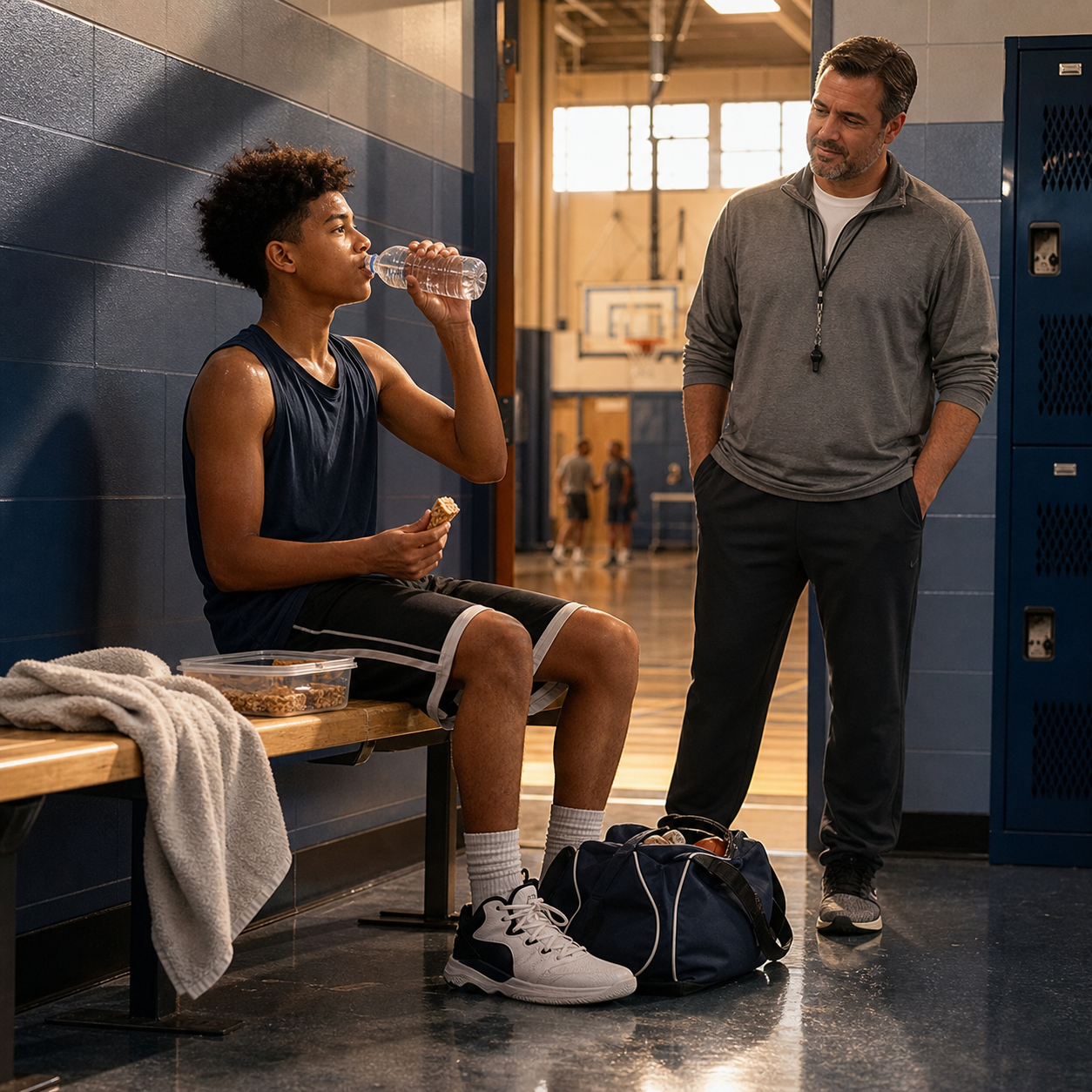 Teen athlete pauses after practice to drink water while a coach supervises before eating