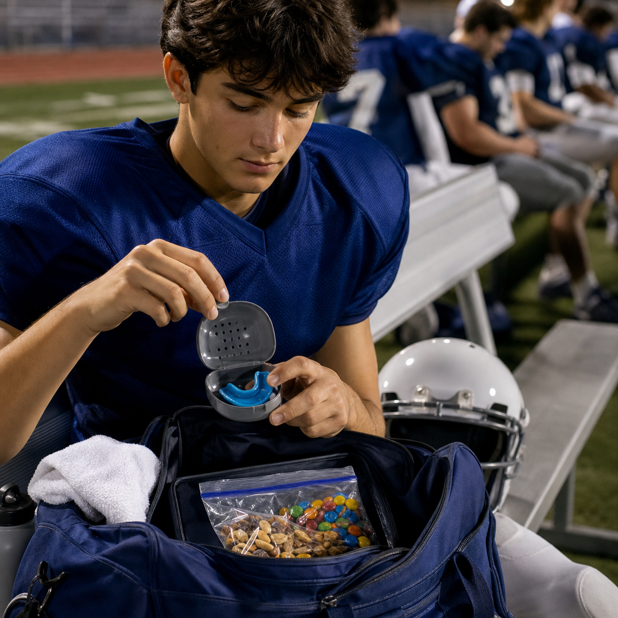 Teen athlete stores a mouthguard separately from sealed snacks on the sports sideline
