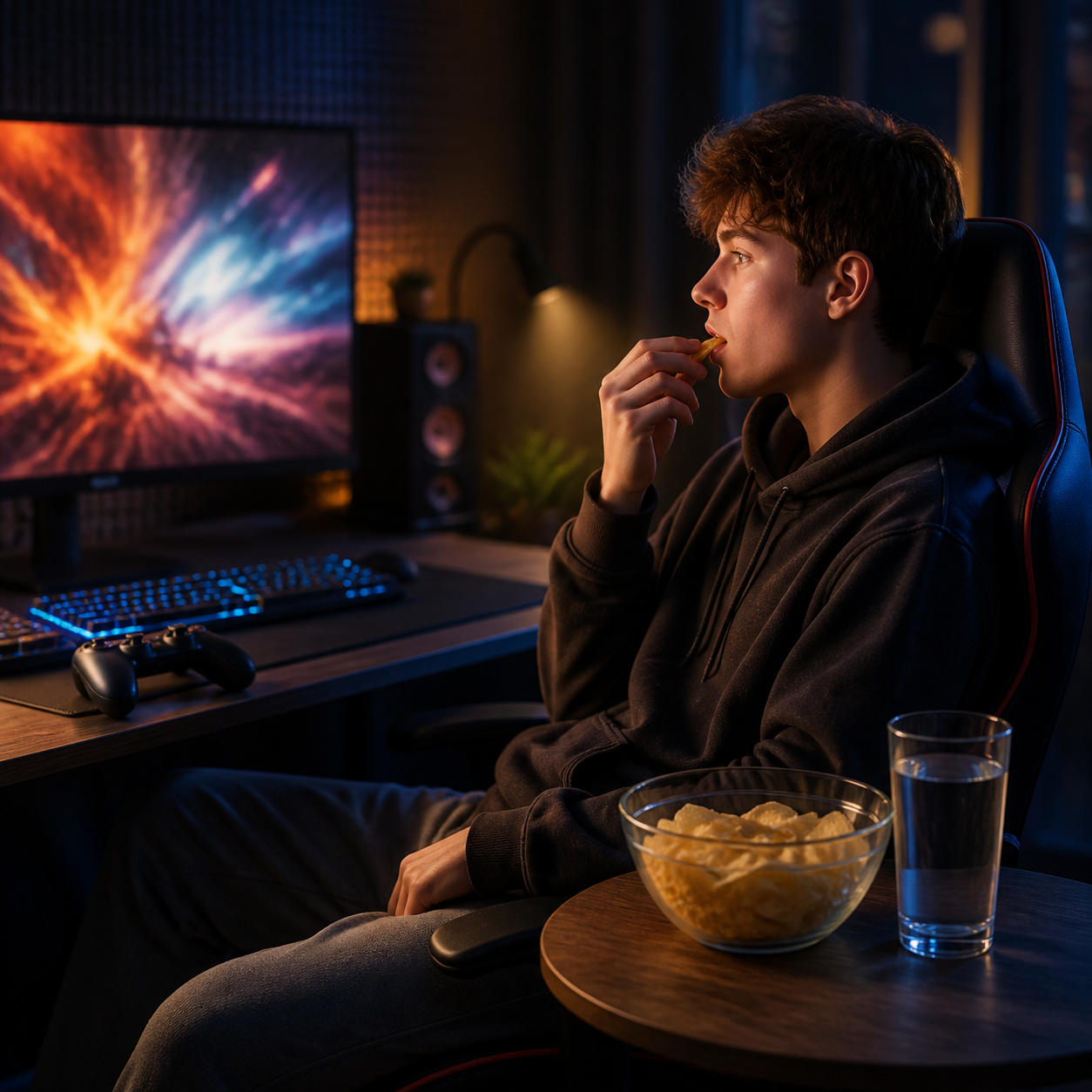 Teen gamer sets the controller down with snacks and water kept at a separate side table