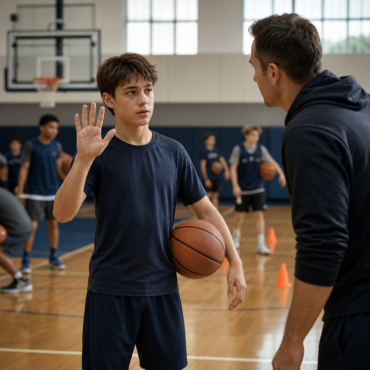 Teen athlete uses an early help signal to alert a coach during practice