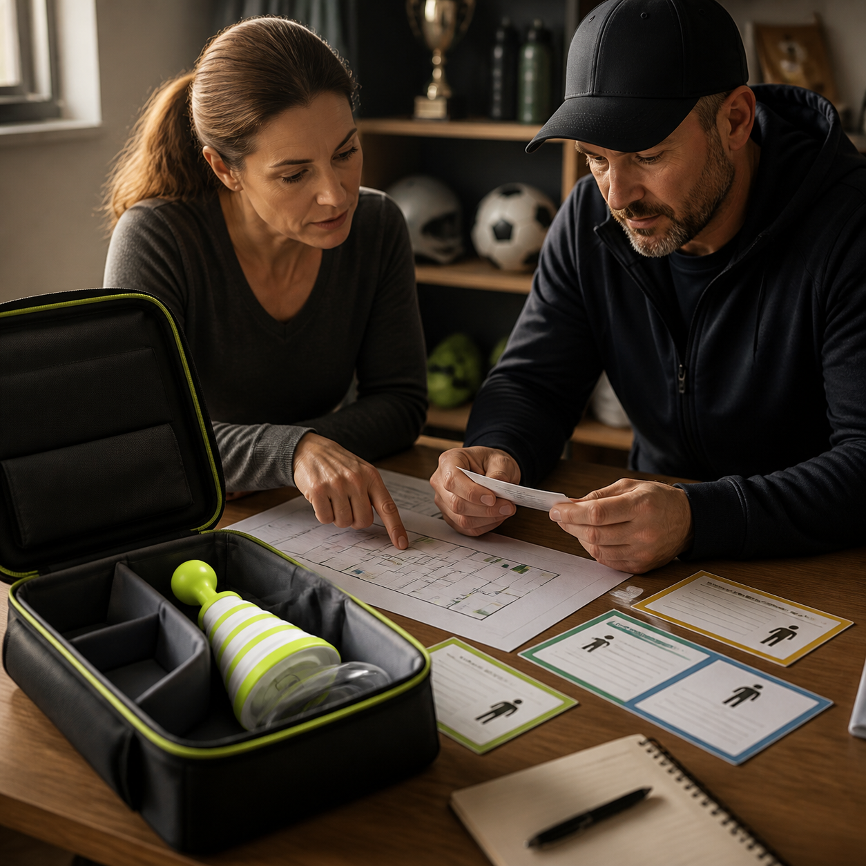 Parent and coach review a household readiness plan with the exact real Fitiger FoldPumpVac stored unused in an open kit