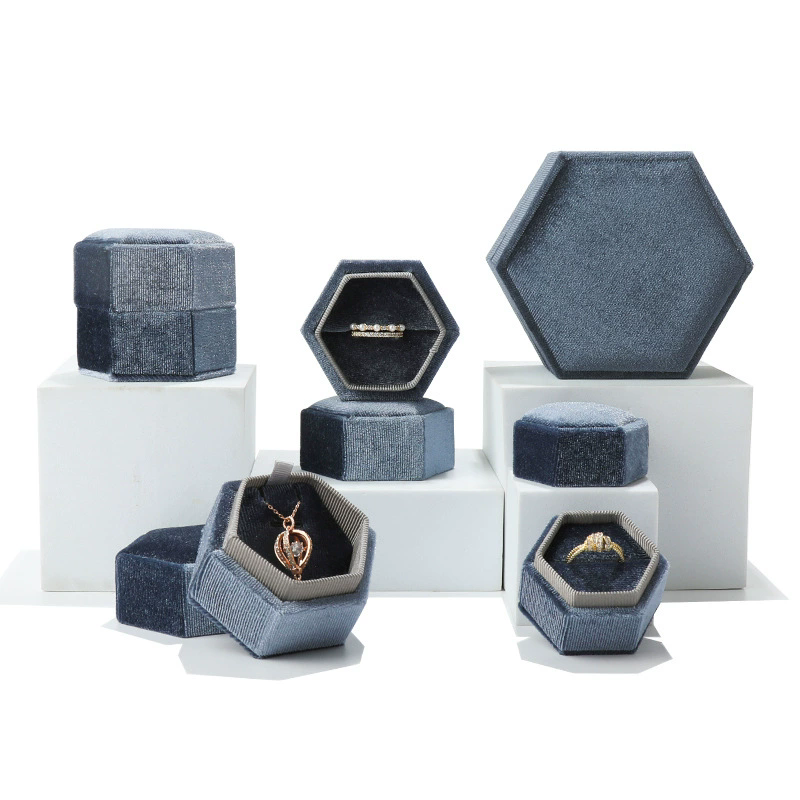 Hexagonal velvet jewelry box for ring and earring packaging