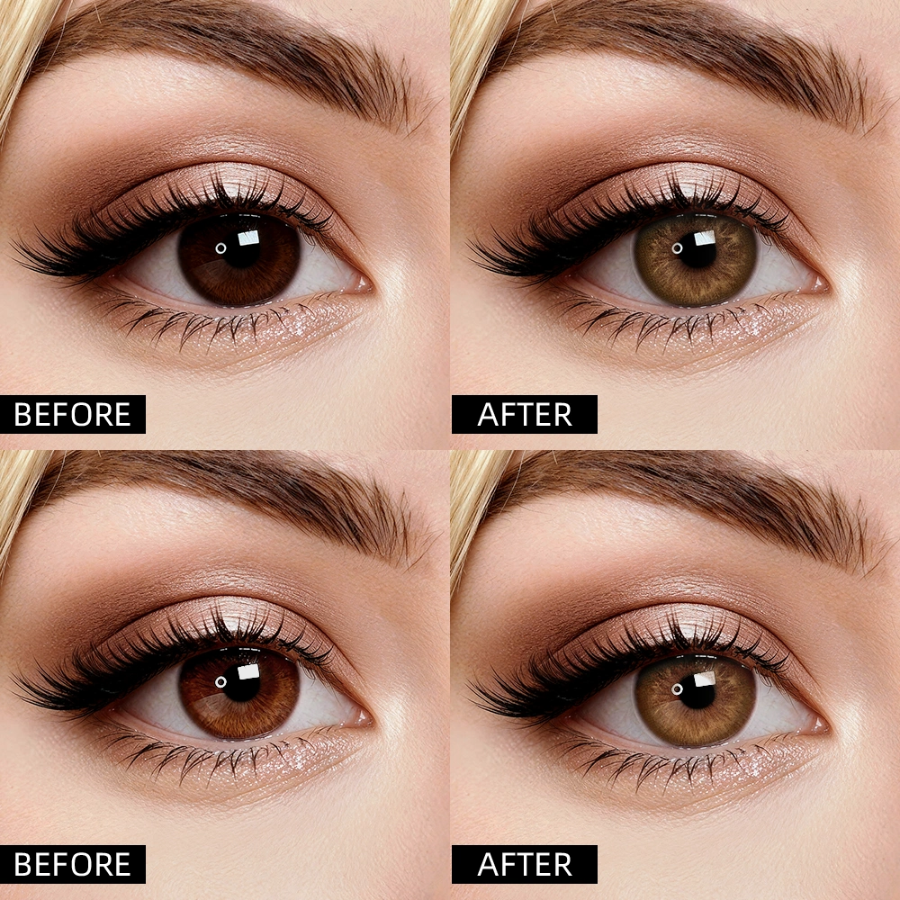 Autumn Haze Brown contact lens effect on light and dark eyes