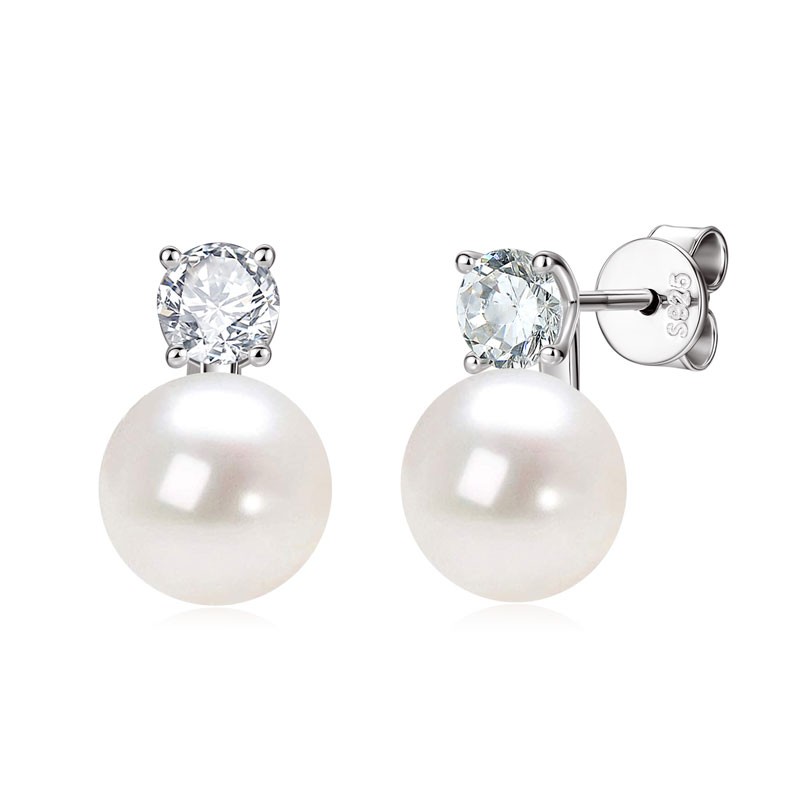 Ruyvia white freshwater pearl stud earrings with zircon center and dangling pearl