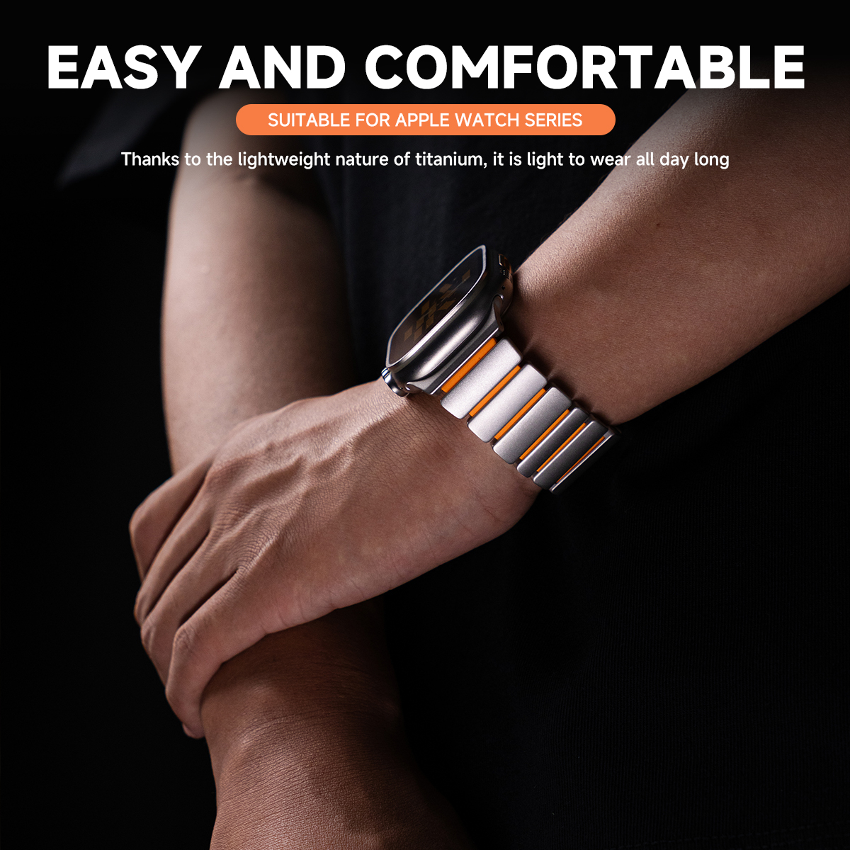 FUERMAN titanium and silicone magnetic strap shown beside an Apple Watch case for fit reference