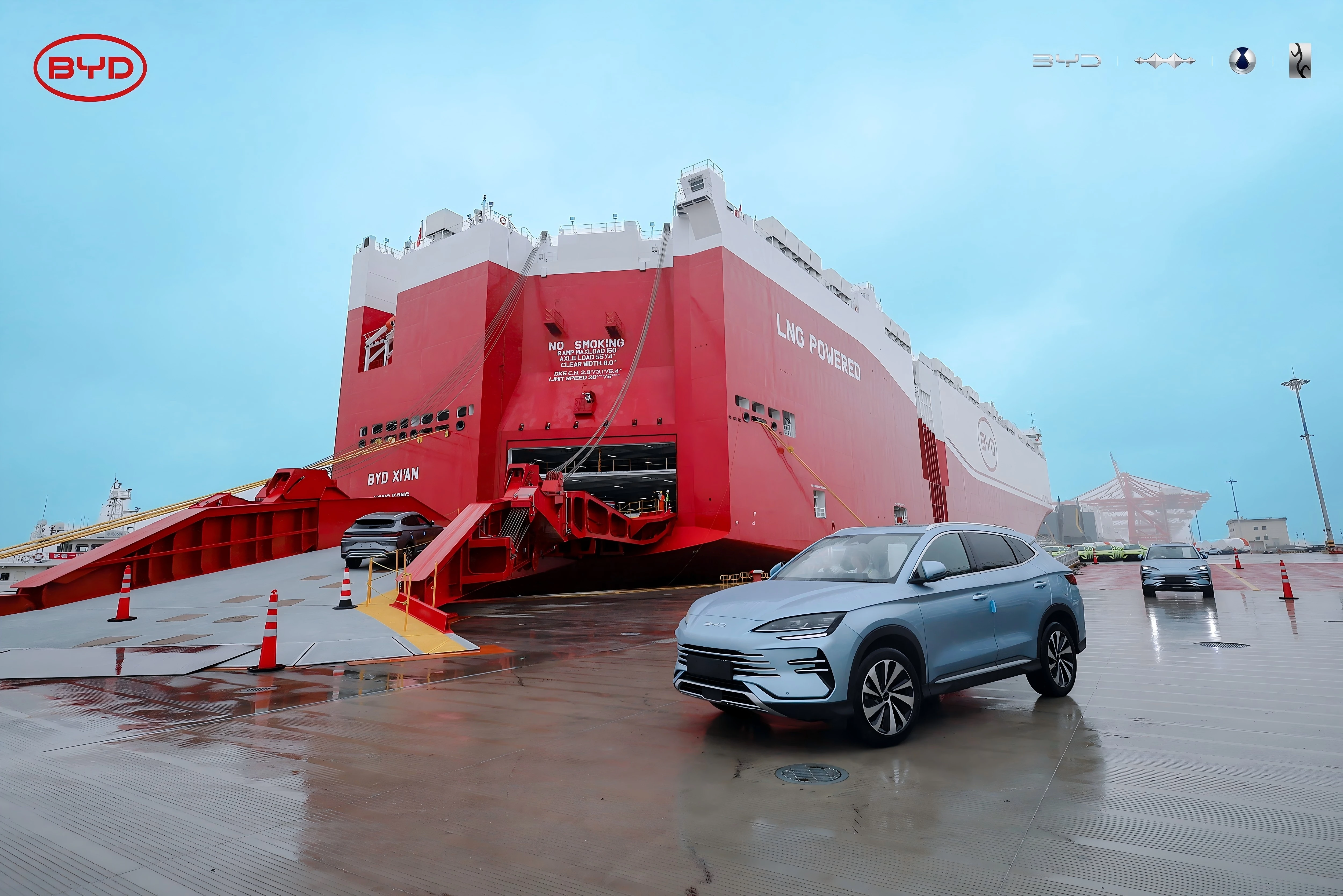 A brand-new Chinese car is being secured, ready to be shipped from China to Tema Port in Ghana via container.
