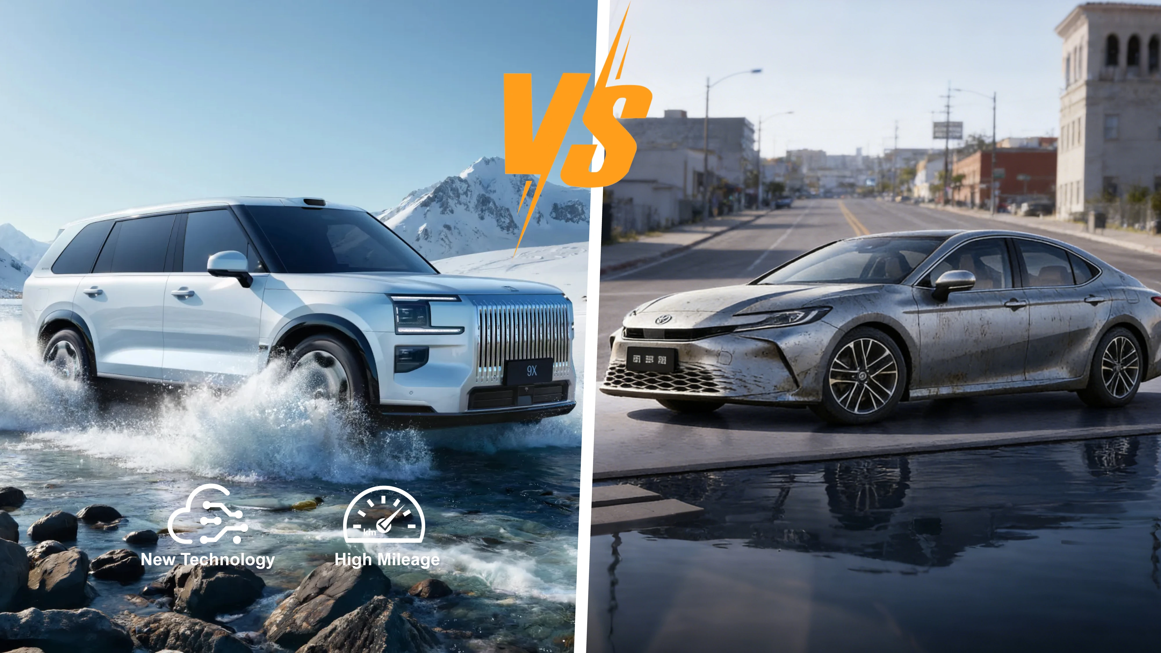The side-by-side comparison images showcase the modern design of the new Zeekr electric car against an older, high-mileage European sedan.