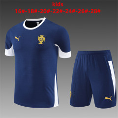 25-26 Short sleeved Portugal, navy blue training suit for kids+adult set