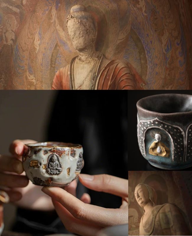 A visual montage connecting Eartivo's ceramic vessels with their creative origin: ancient Dunhuang Grottoes. The imagery juxtaposes weathered Mogao mural figures and Buddhist sculptures with the