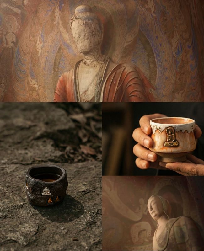 A visual montage connecting Eartivo's ceramic vessels with their creative origin: ancient Dunhuang Grottoes. The imagery juxtaposes weathered Mogao mural figures and Buddhist sculptures with the