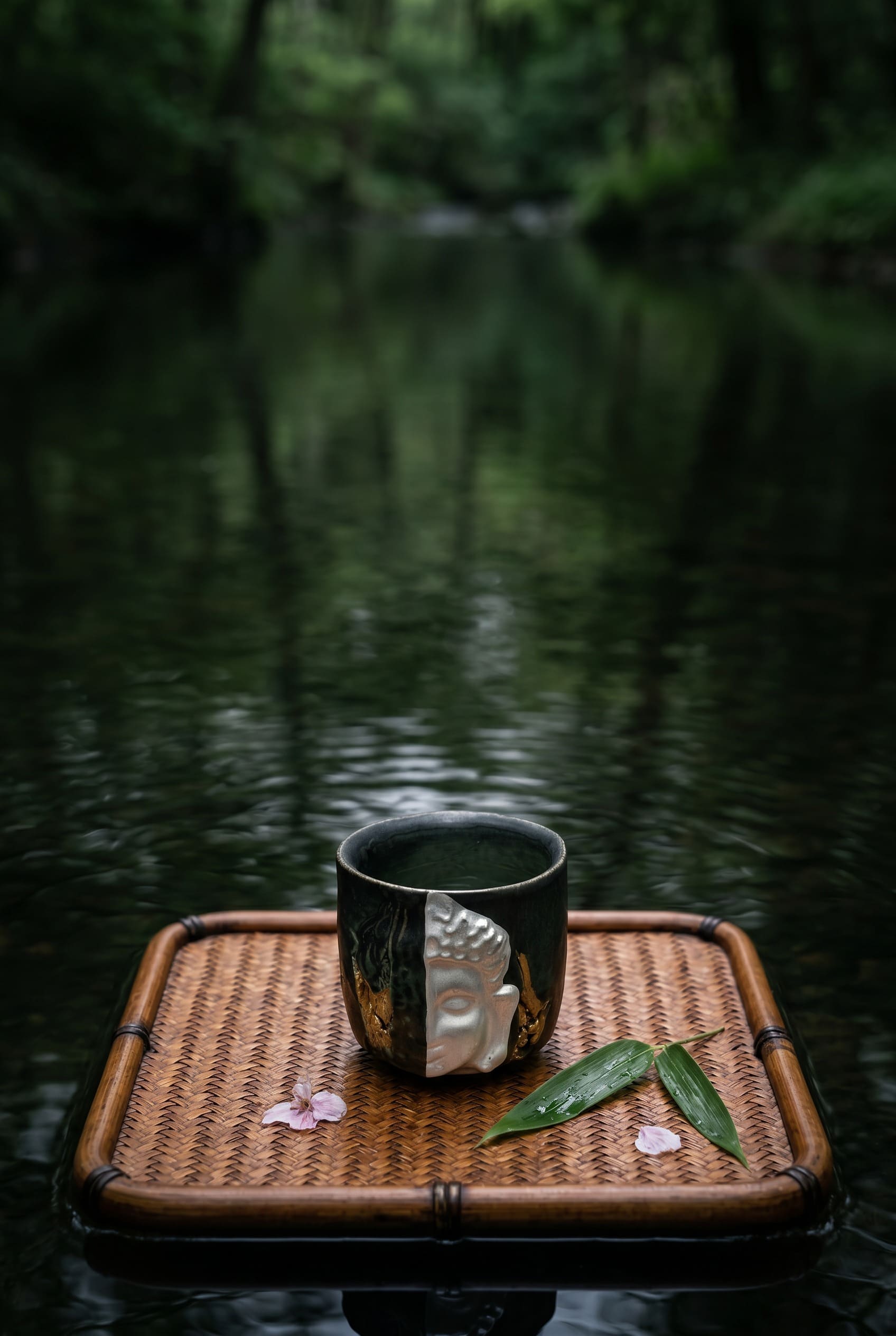 Serene morning tea ritual with Buddha - decorated teacup on woven tray by water, promoting mindful tea drinking, tea meditation, and anxiety relief through grand design solitude.