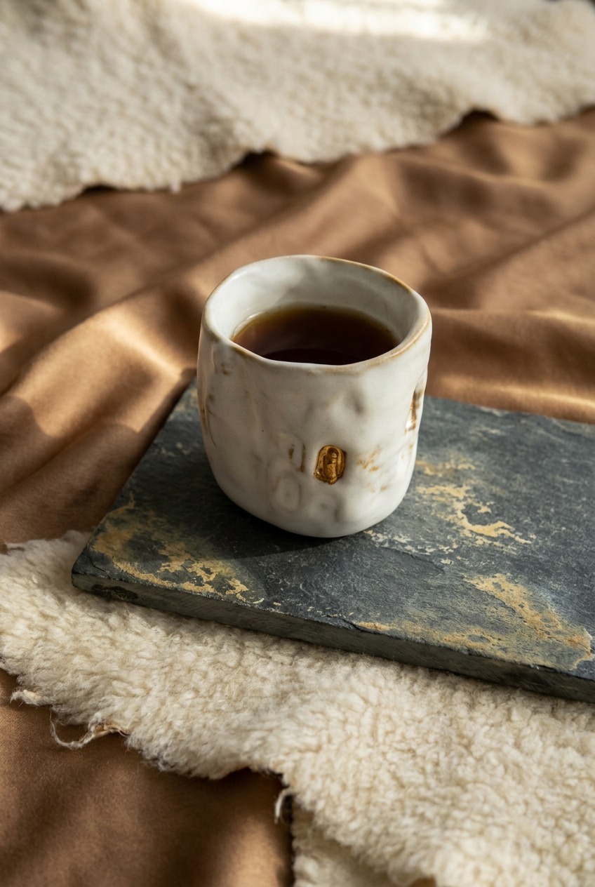 A wabi sabi ceramic cup filled with tea, placed on a weathered slate tray atop soft, earthy textiles—capturing the essence of Zen minimalist home and sustainable luxury, ideal as a unique heirloom gift for tea drinkers or spiritual gift ideas for those who have everything.