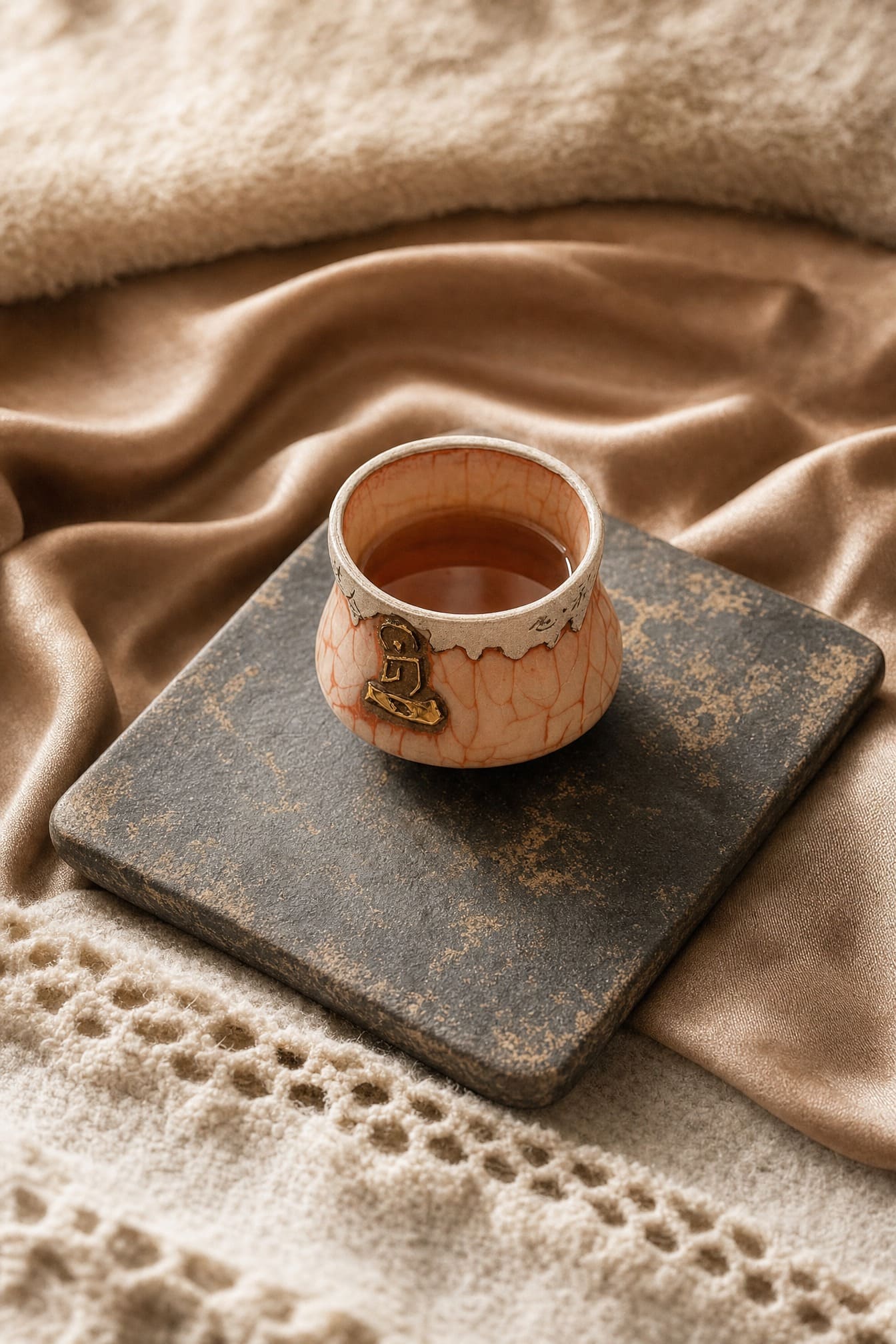 The Abstract Ascent wood-fired ceramic cup rests on a rough-hewn stone table in a serene, minimalist coastal living space with soft beige linens and ocean views.