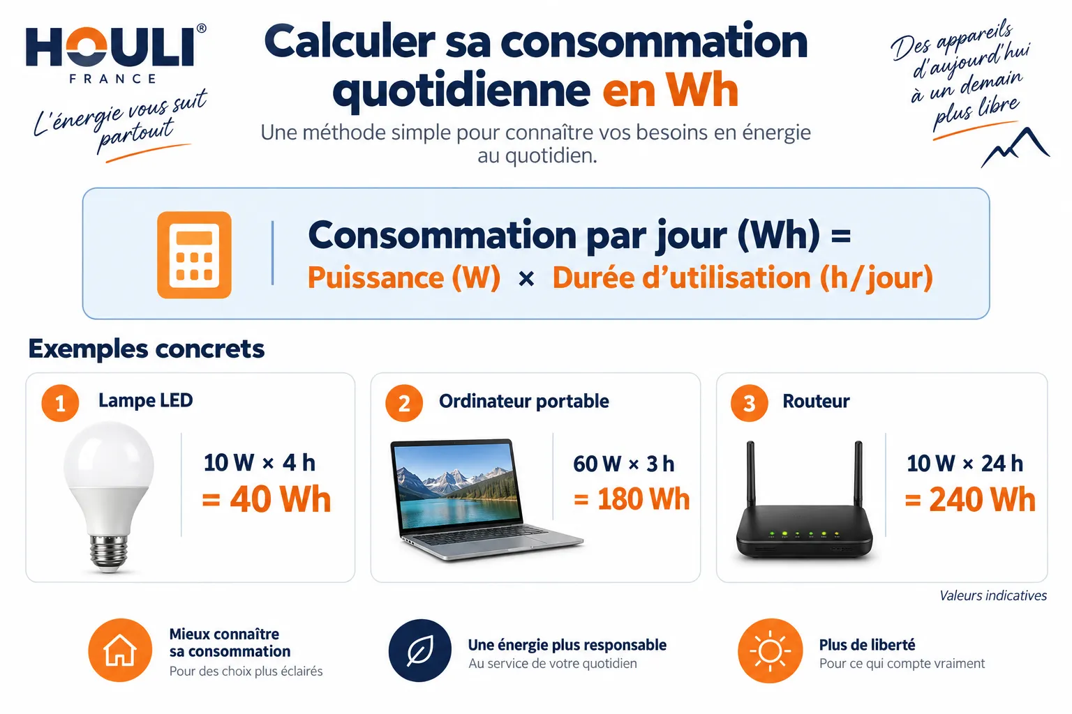 Formule de calcul de la consommation quotidienne en Wh à partir des watts et des heures d’utilisation