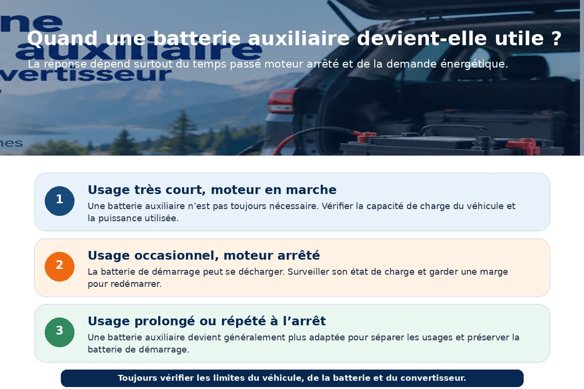 Situations où une batterie auxiliaire peut être utile avec un convertisseur installé dans une voiture