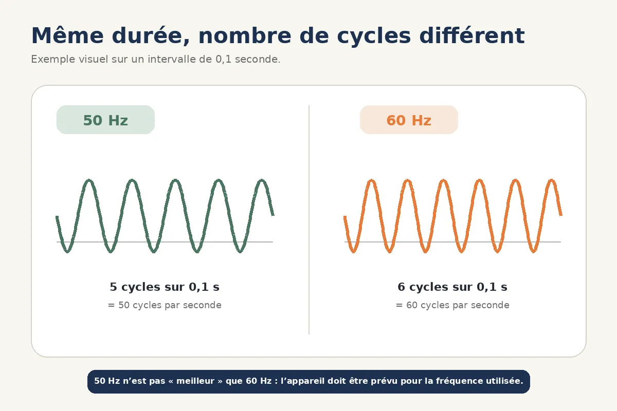 Illustration de 50 Hz et 60 Hz comme nombre de cycles du courant alternatif par seconde