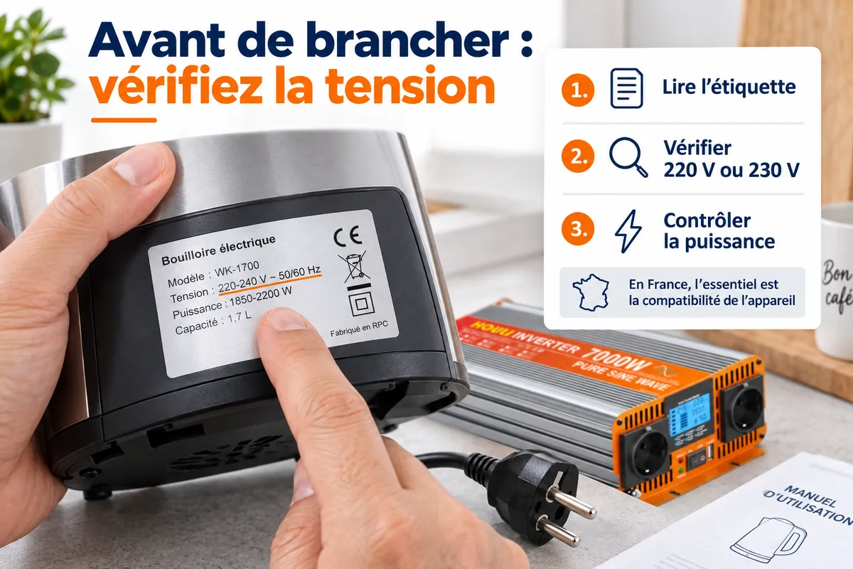 Vérifier la plaque signalétique d’un appareil avant de choisir entre une sortie 220 V et 230 V