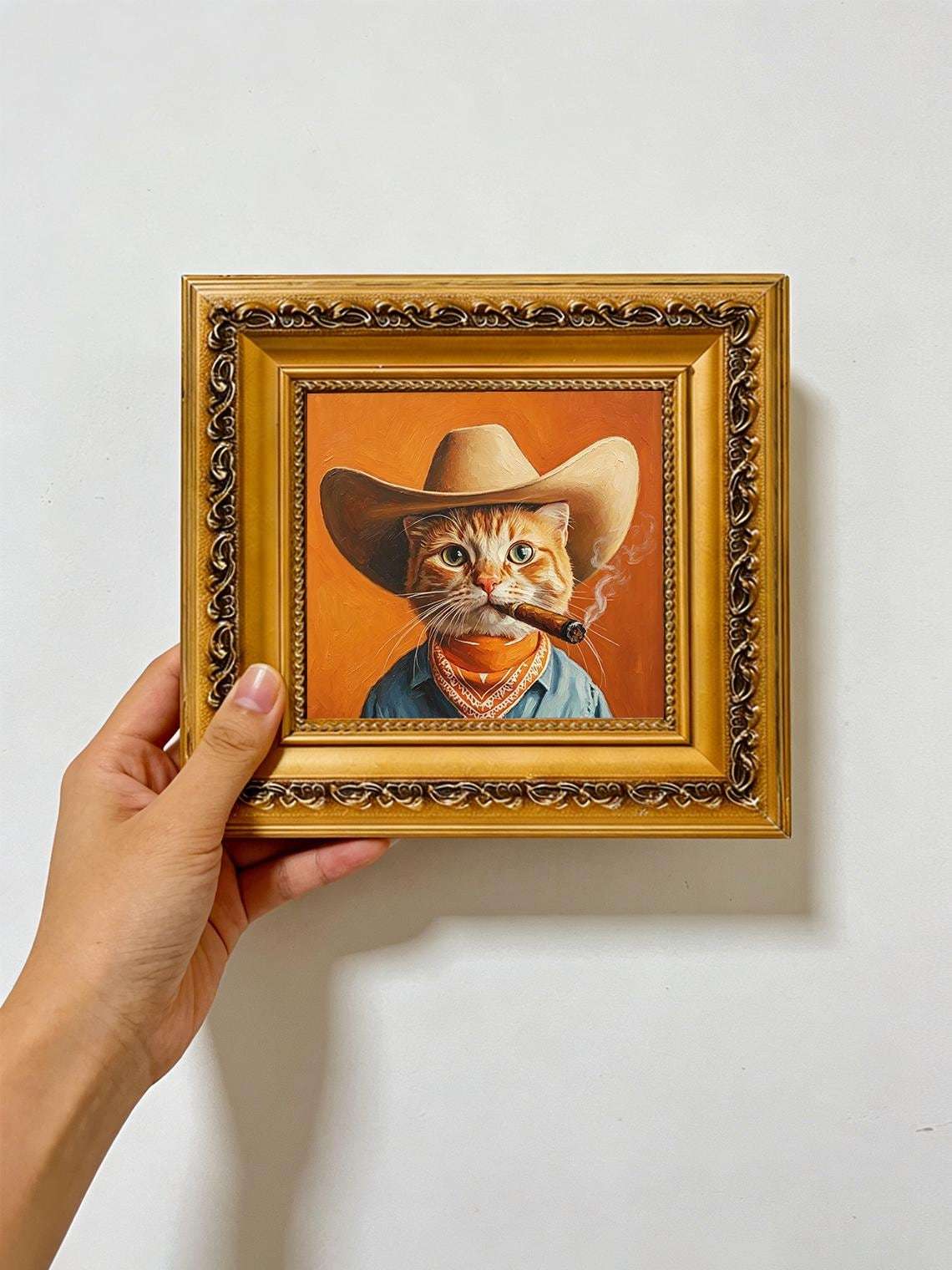 Cowboy Cat smoking Oil Painting Print, Funny Ginger Cat Wall Art, Western Cat Decor, Cat Lover Gift