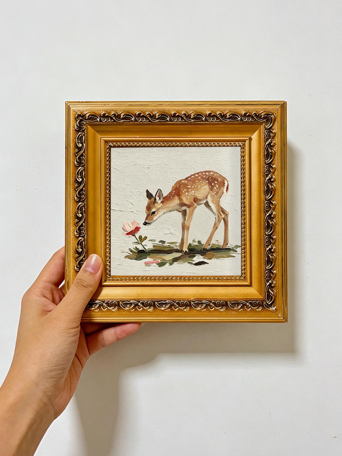 Hand Painted Fawn & Flower Oil Painting, Vintage Ornate Gold Solid Wood Frame, 4x4 Inch Mini Wildlife Wall Art, Cottagecore Decor Gift
