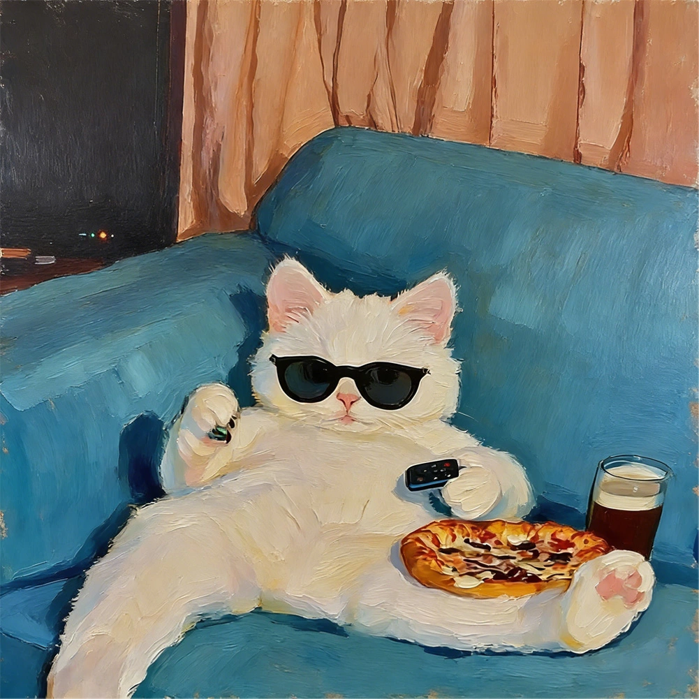 Hand-painted Oil Painting, Cozy Cat Art, Framed Wall Decor, Lazy White Cat with Pizza & Sunglasse