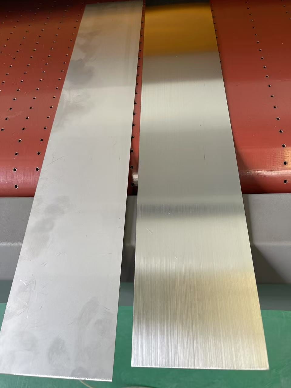 Brushed strip surface examples — Original surface, left · Brushed finish, right
