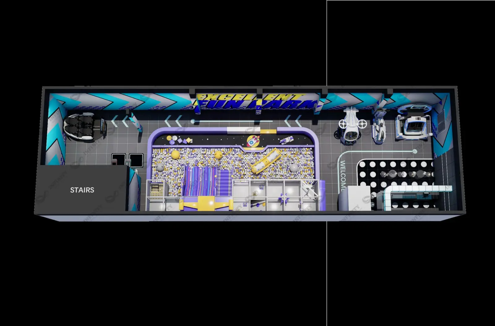 Aerial 3D layout of a narrow-footprint funpark venue