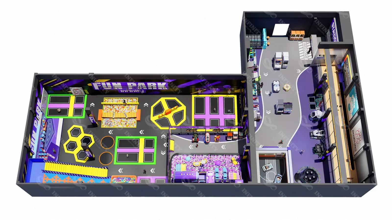 Aerial 3D layout of the 1,200 m² NextPlay family entertainment center in India
