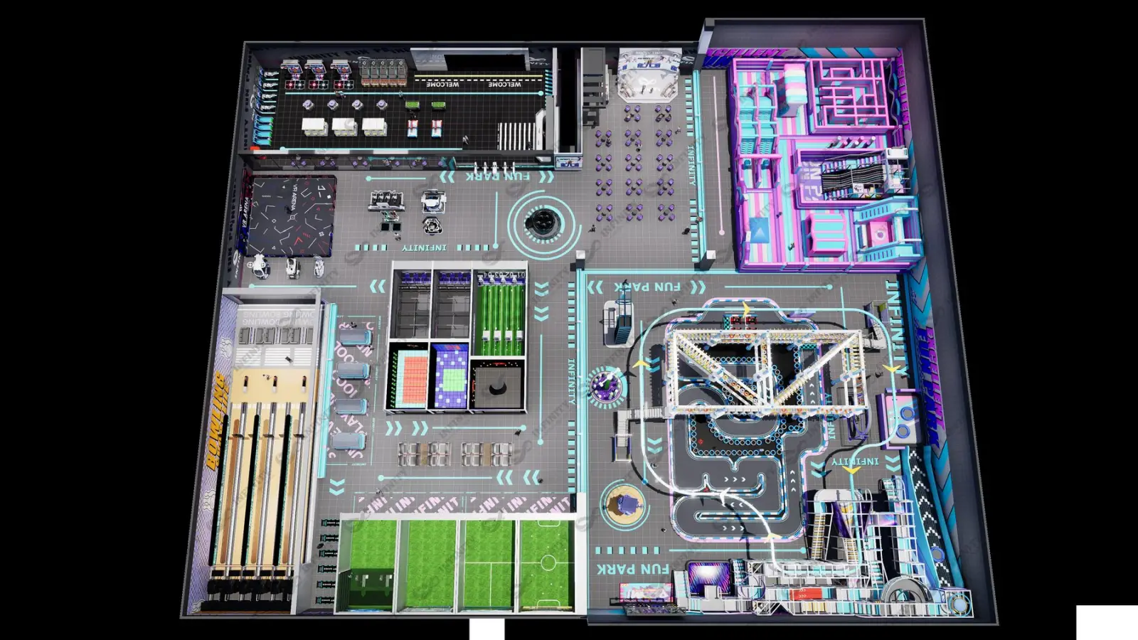 Aerial 3D render of an INFINITY cyan-themed funpark venue, view 1