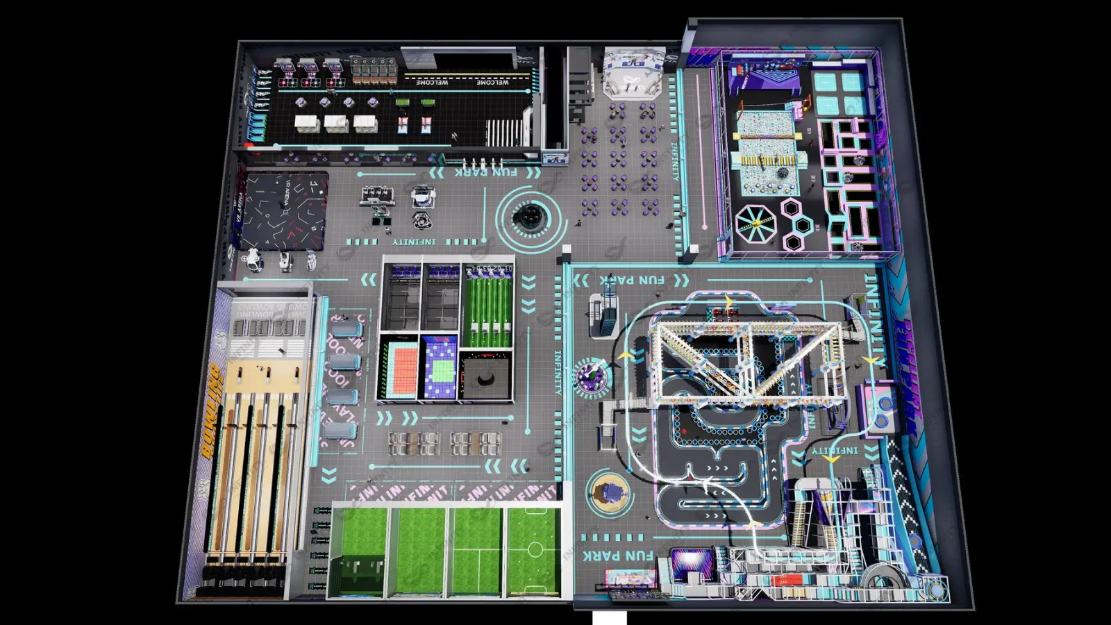 Aerial 3D render of an INFINITY cyan-themed funpark venue, view 2