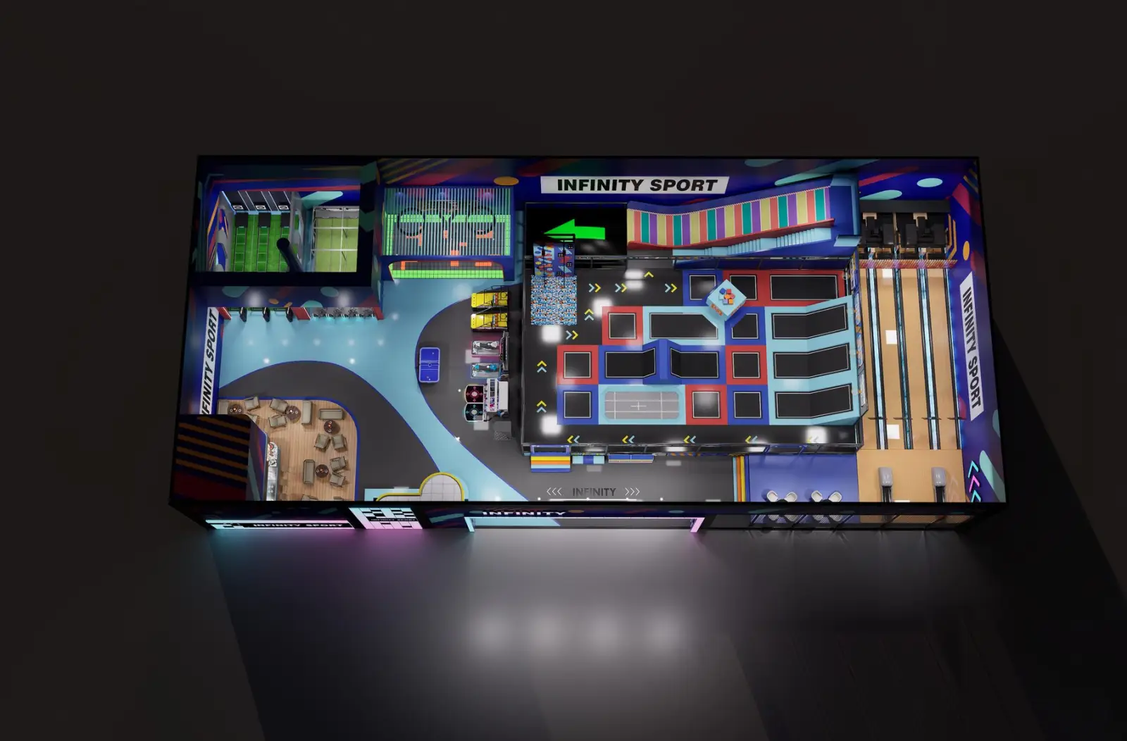 Aerial 3D render of a full-venue INFINITY sports entertainment park