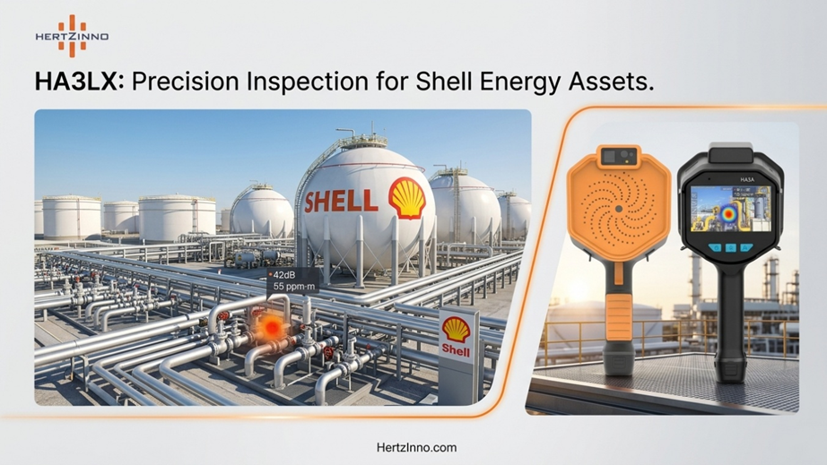 Shell oil and gas facility with HERTZINNO HA3LX acoustic-TDLAS camera inset showing methane leak detection in action