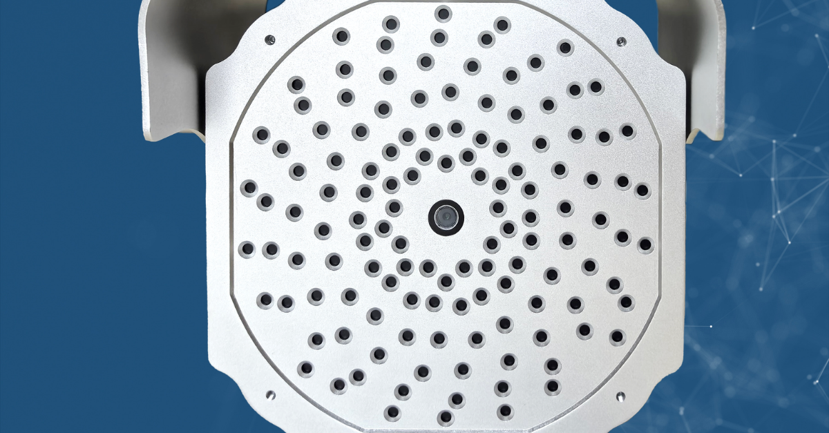 A technical comparison image showing a balanced 128-microphone acoustic array versus an overcrowded 200-microphone array inside the same handheld device size.