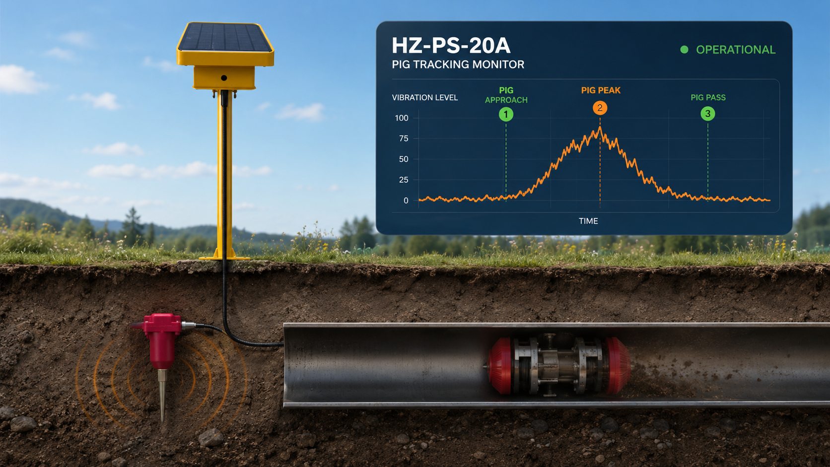 Pipeline pig tracking platform showing estimated position, passage time and monitoring node status