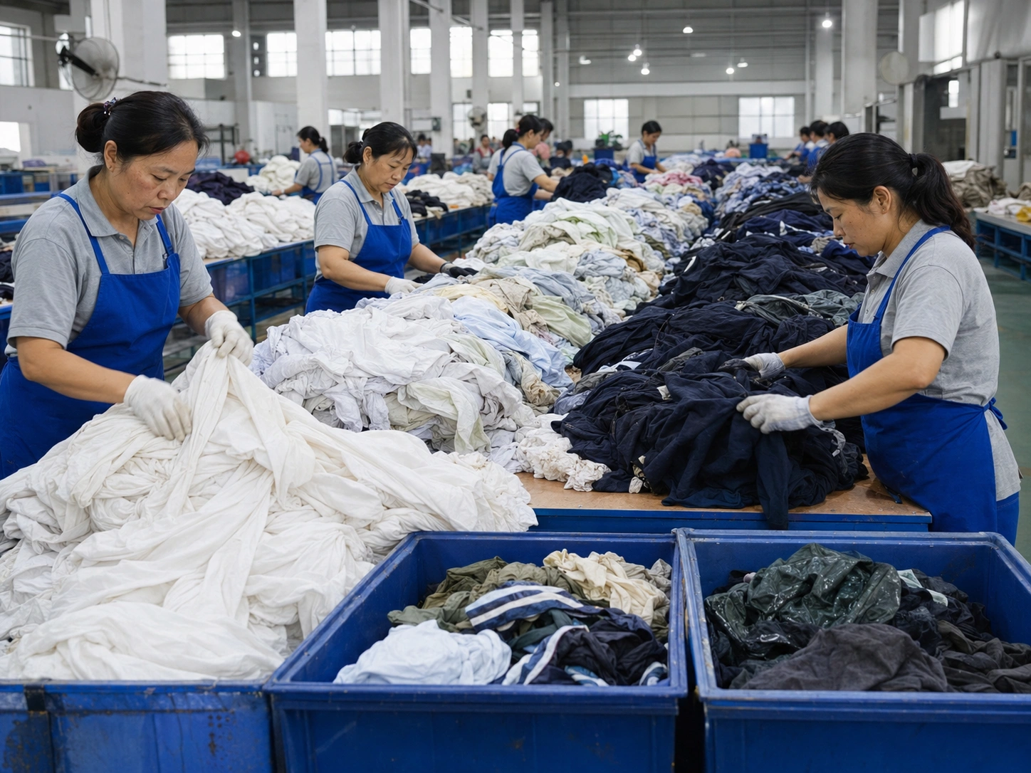 Sorting recycled textile materials by color and material