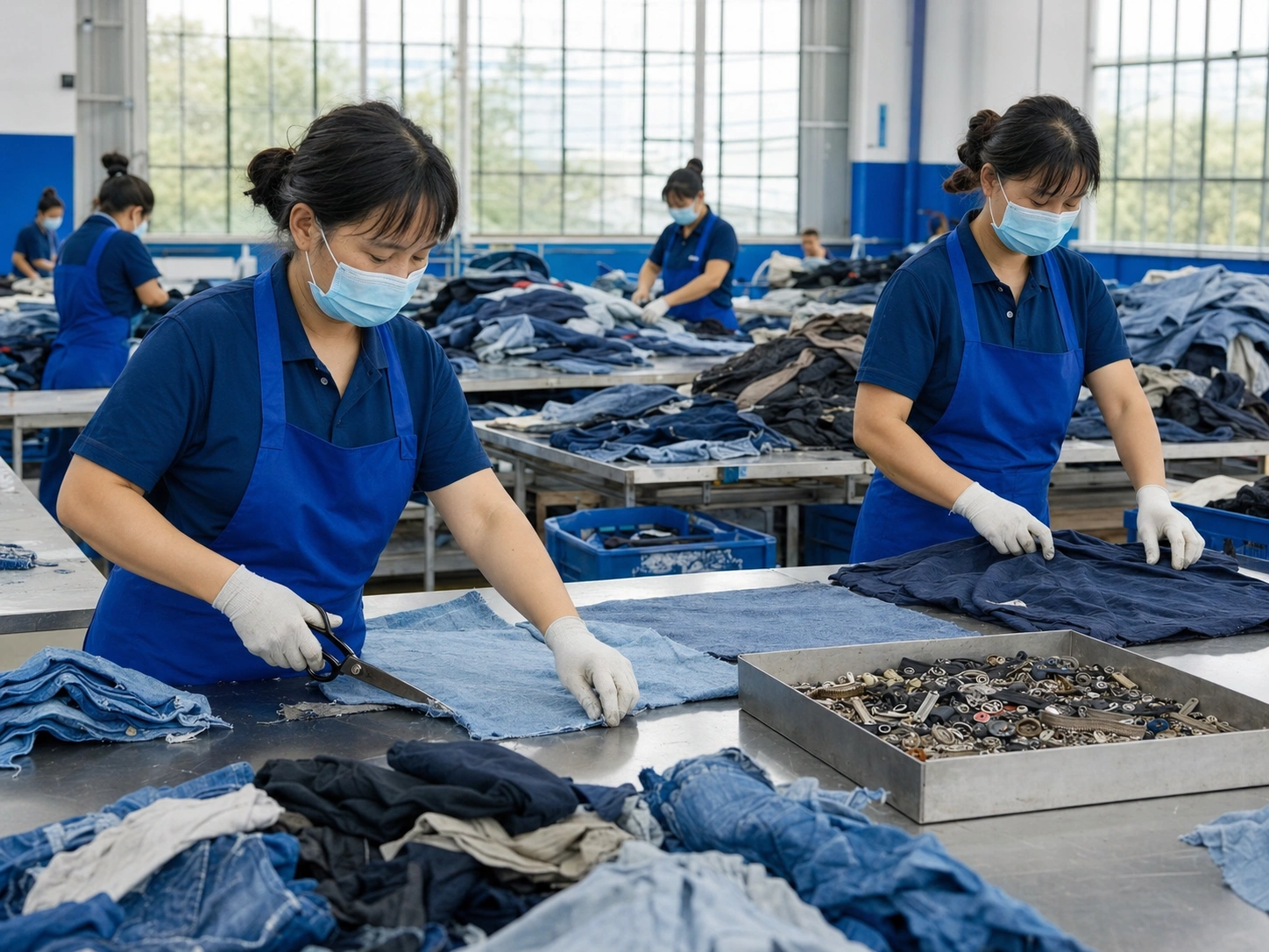Cutting recycled cotton textiles and removing hard objects