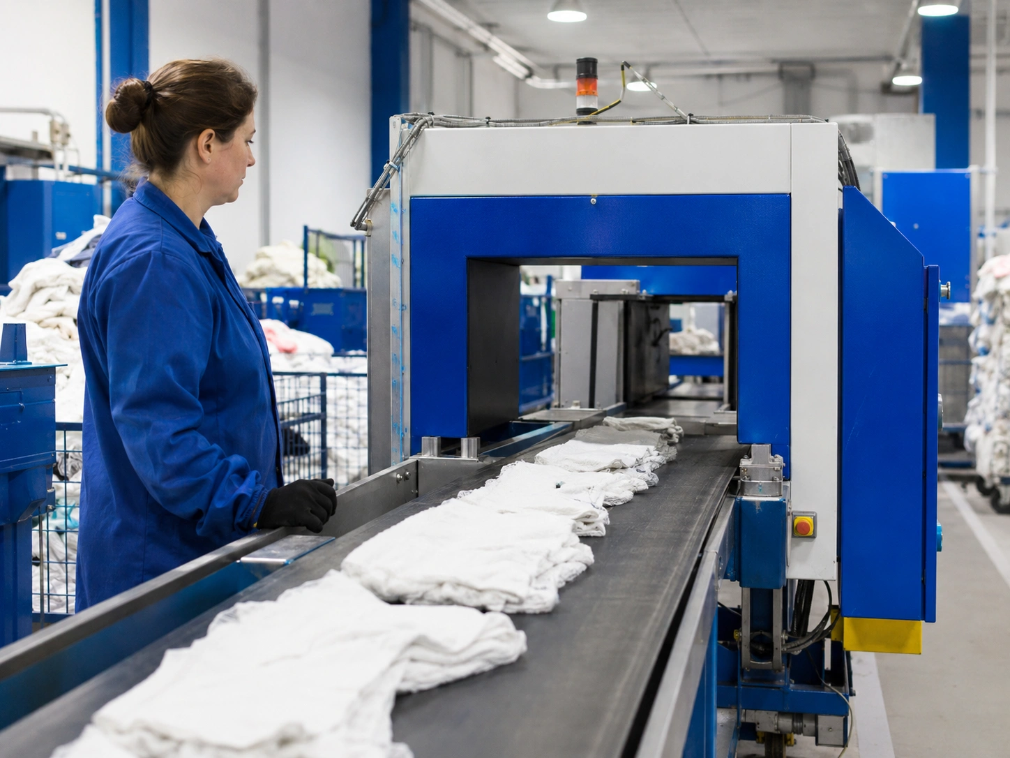 Conveyor metal detection before industrial wiping rag packaging