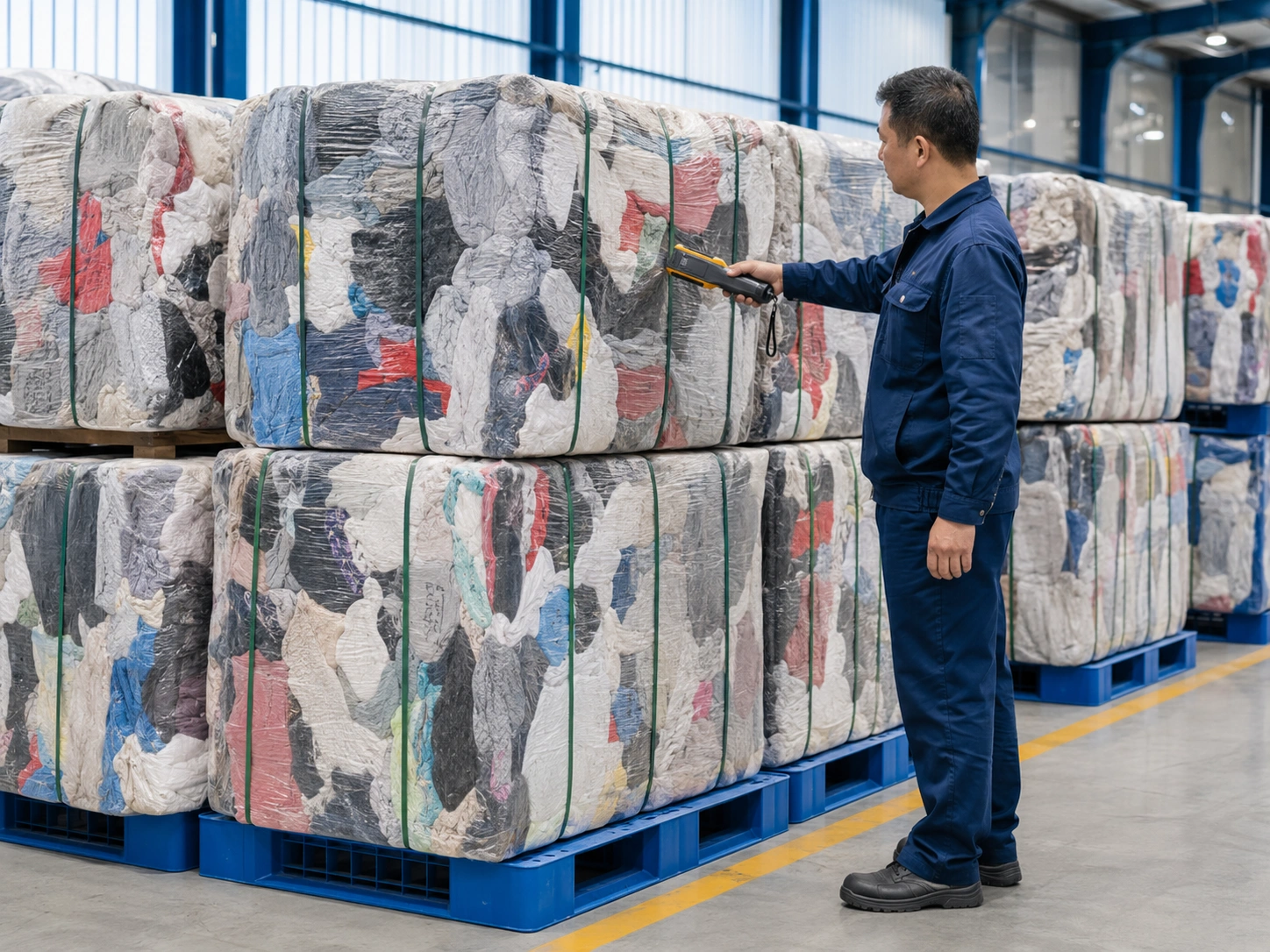 Handheld metal detector scanning finished compressed wiping rag packages