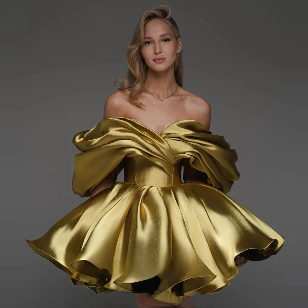 Luxury A-line Formal Occasion Party Dresses Satin Vestido Off the Shoulder Evening Prom Gowns Draped Corset Back Mini