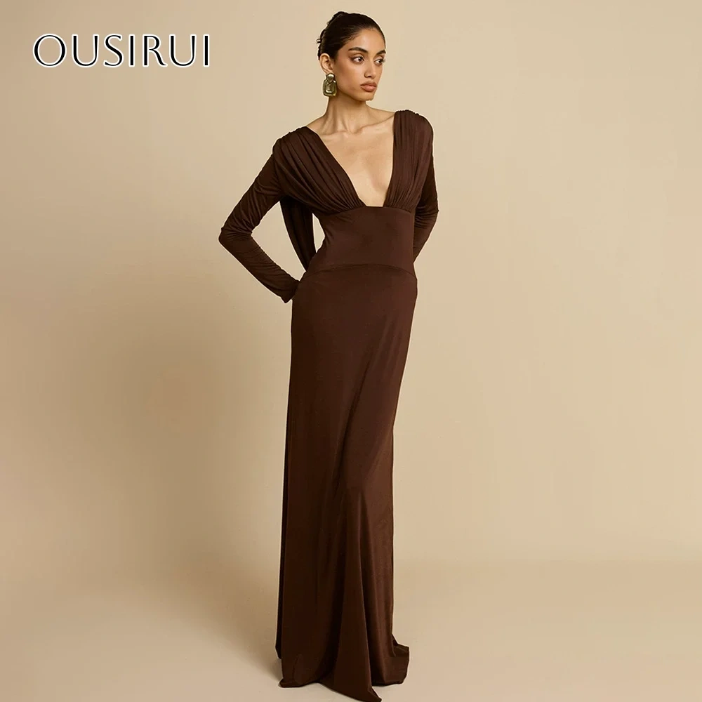 Sexy V-neck Chiffon A-line Prom Dresses Long Sleeves Ruffled Floor Length Backless Customized платье на выпускно