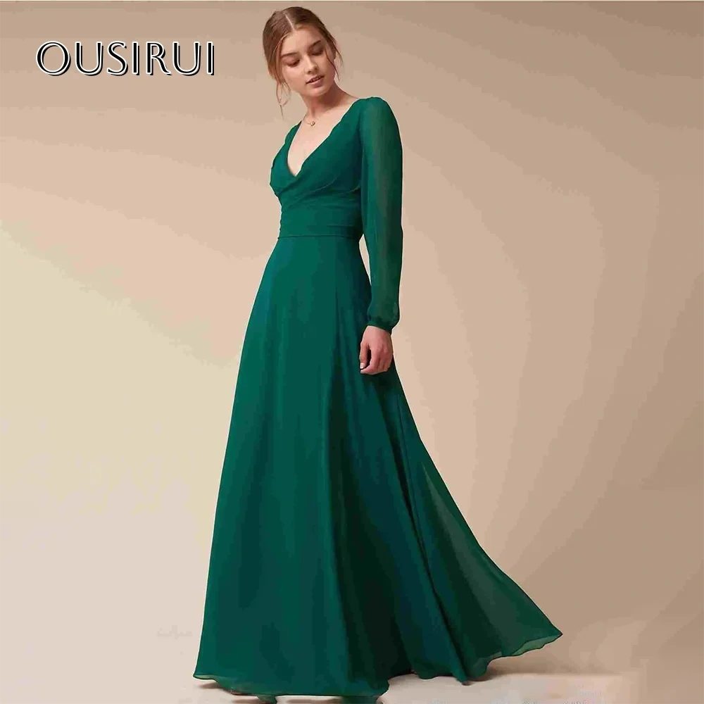 Elegant Long Sleeve Chiffon Ruched Prom Dresses A Line V Neck Customized Simple Formal Evening Gown شارون سعيد فساتين سهره