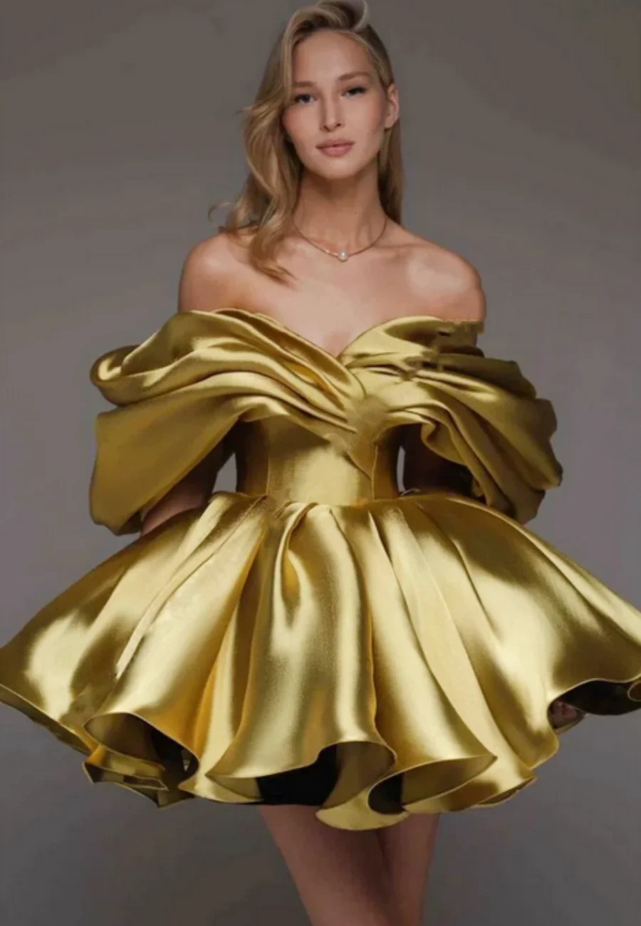 Satin surface and silhouette detail on the off-shoulder A-line mini evening dress