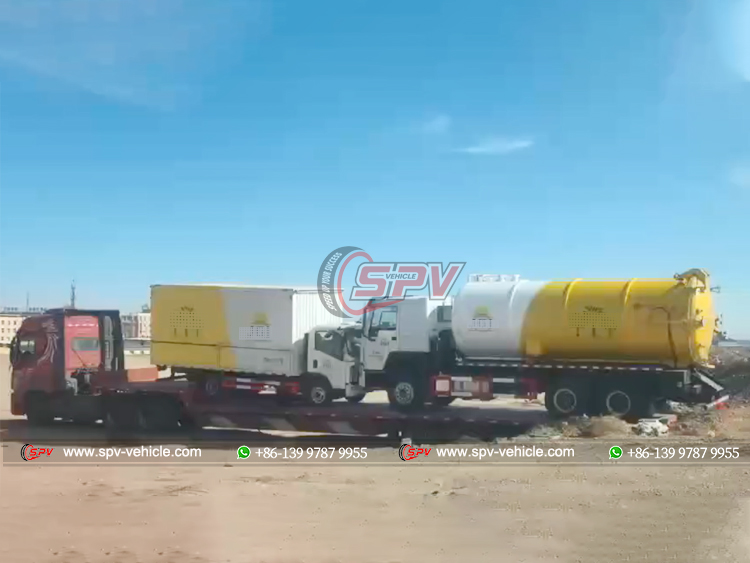 1 Unit Sewage Collection Truck &1 Unit Wing Van Truck Loaded onto Flatbed Truck to Mongolia