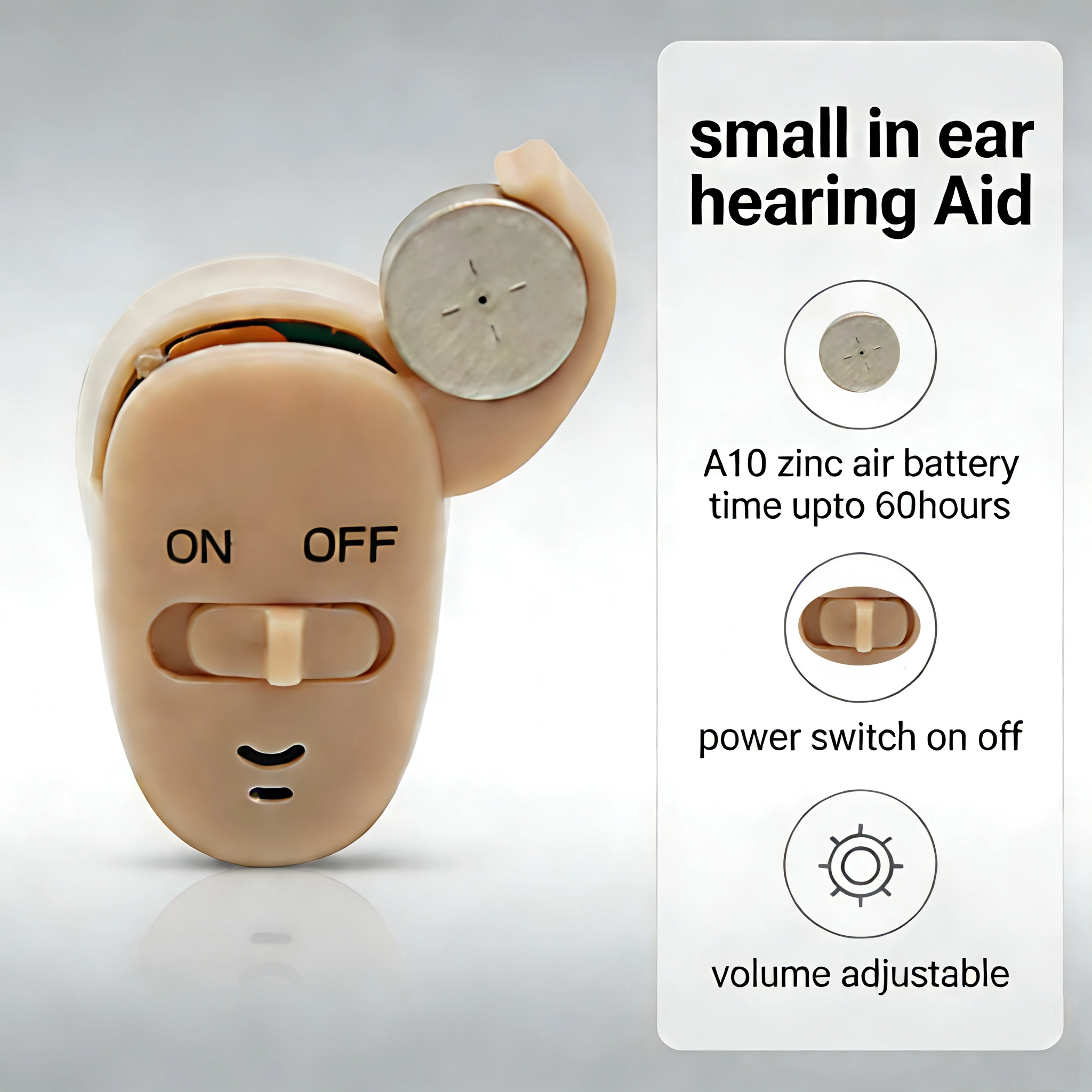 Small hearing aid product image for size and fit reading