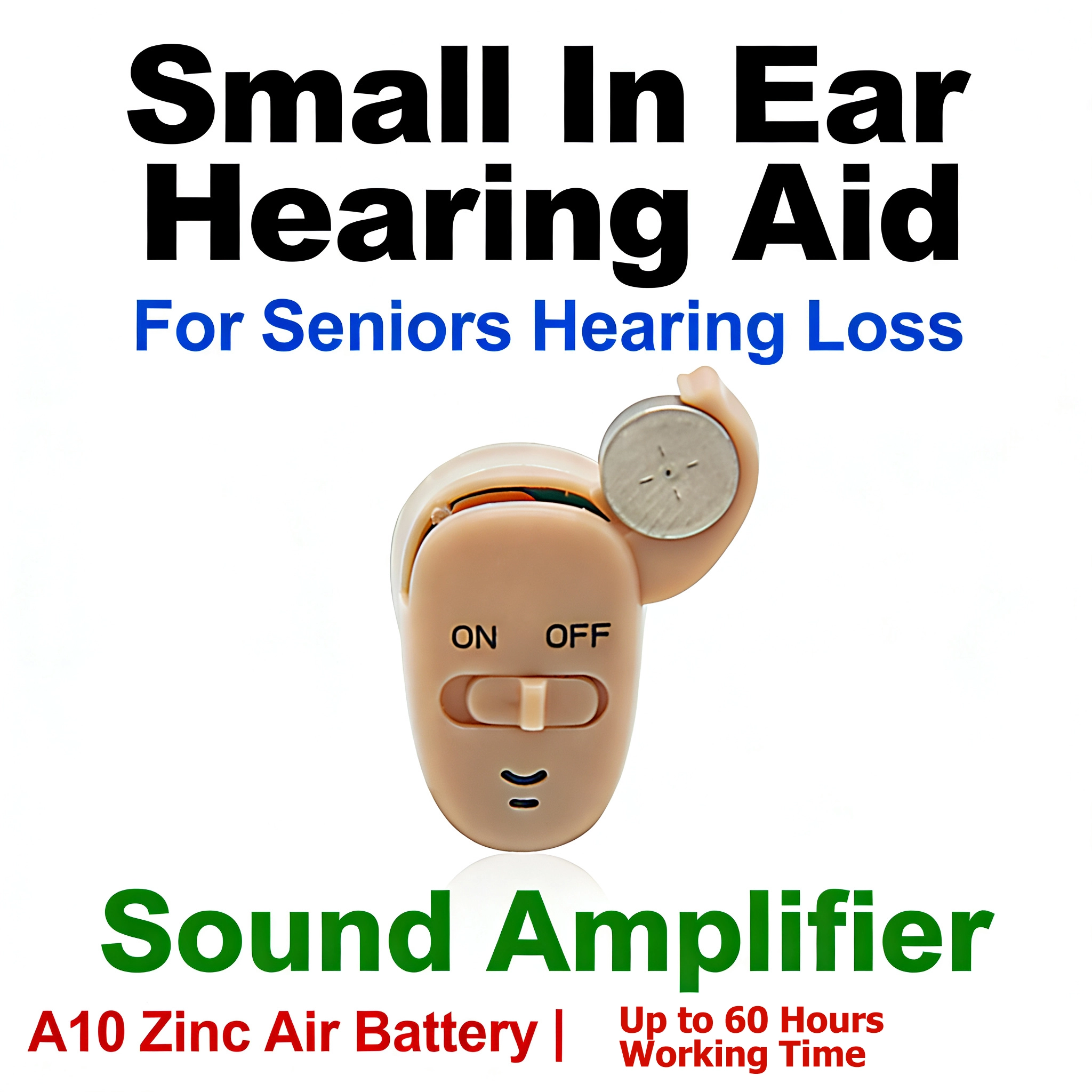 Small in-ear hearing aid product image for daily conversation reading