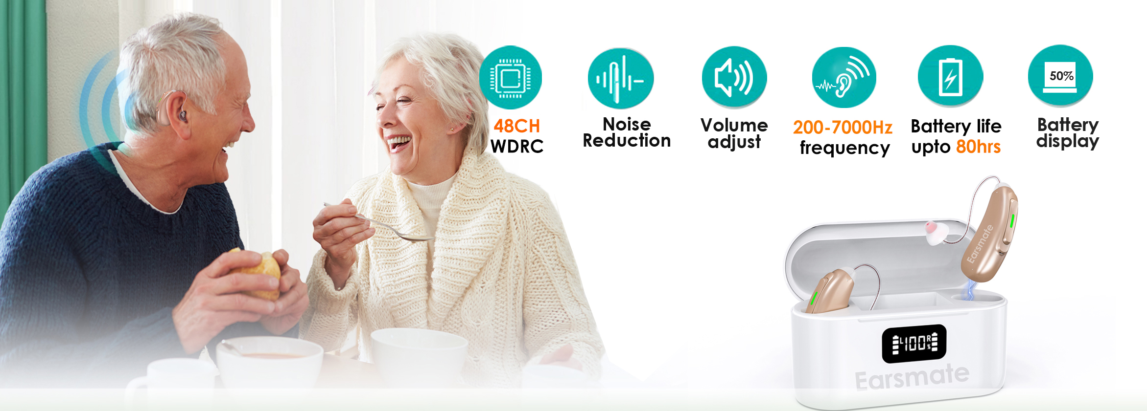 Older couple wearing beige hearing aids beside white charging case
