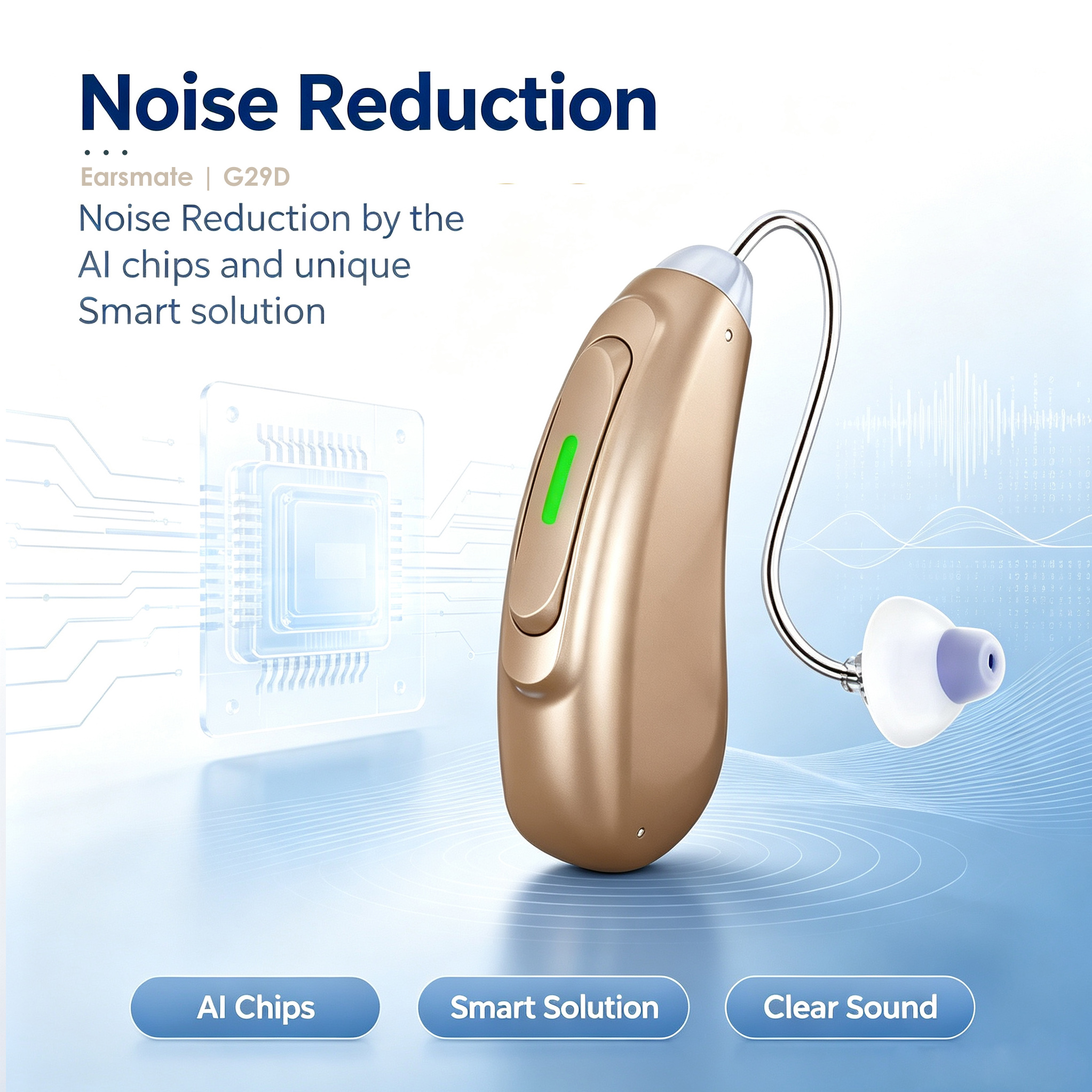 Champagne-gold hearing aid with clear tube and ear dome