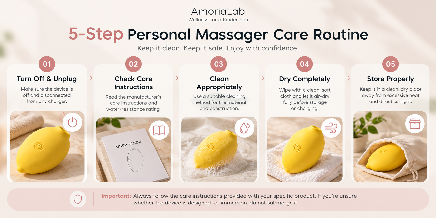 Five-step personal massager cleaning and care routine