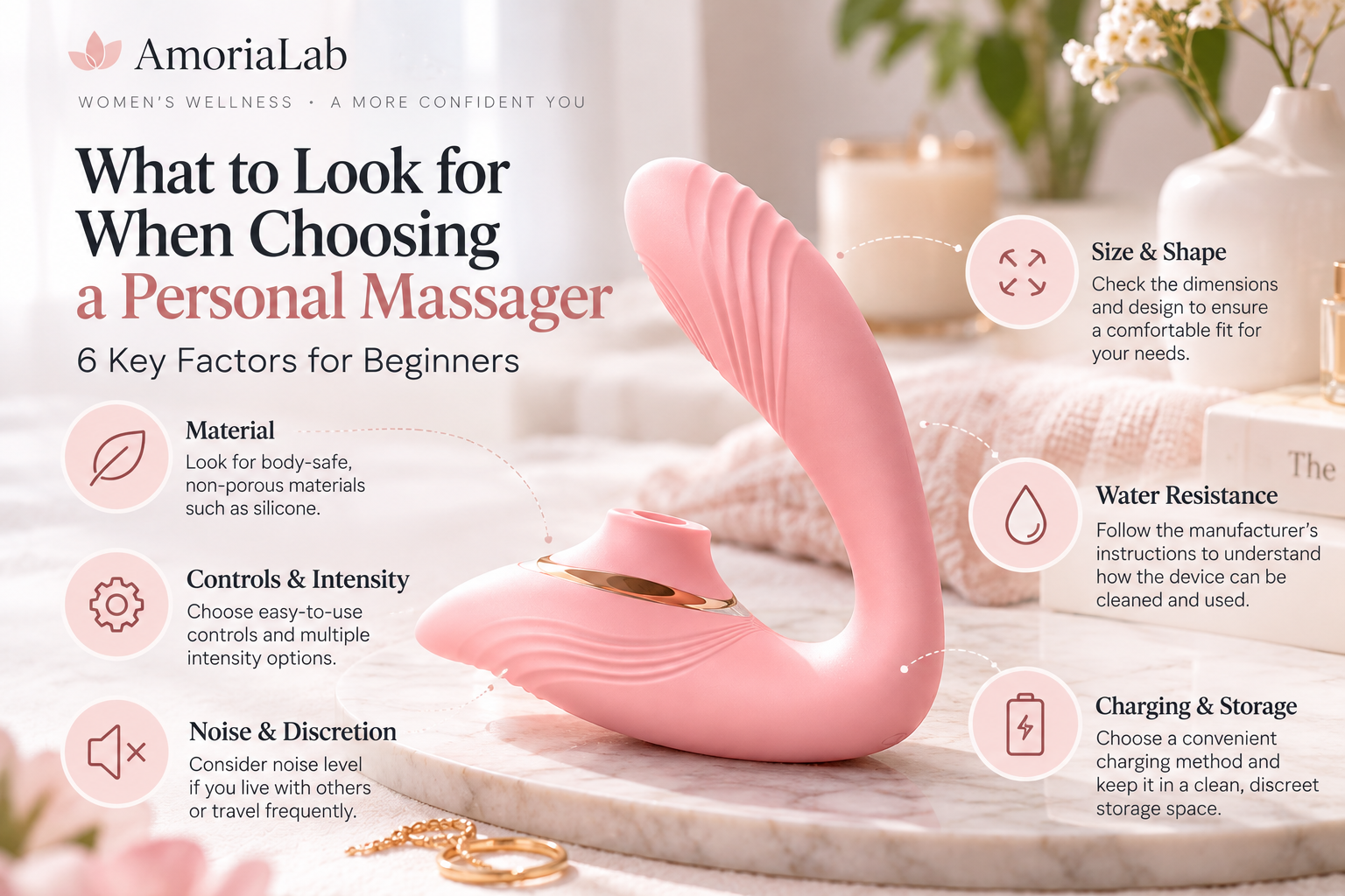 Beginner personal massager buying guide showing size, material, controls, noise, water resistance and charging factors