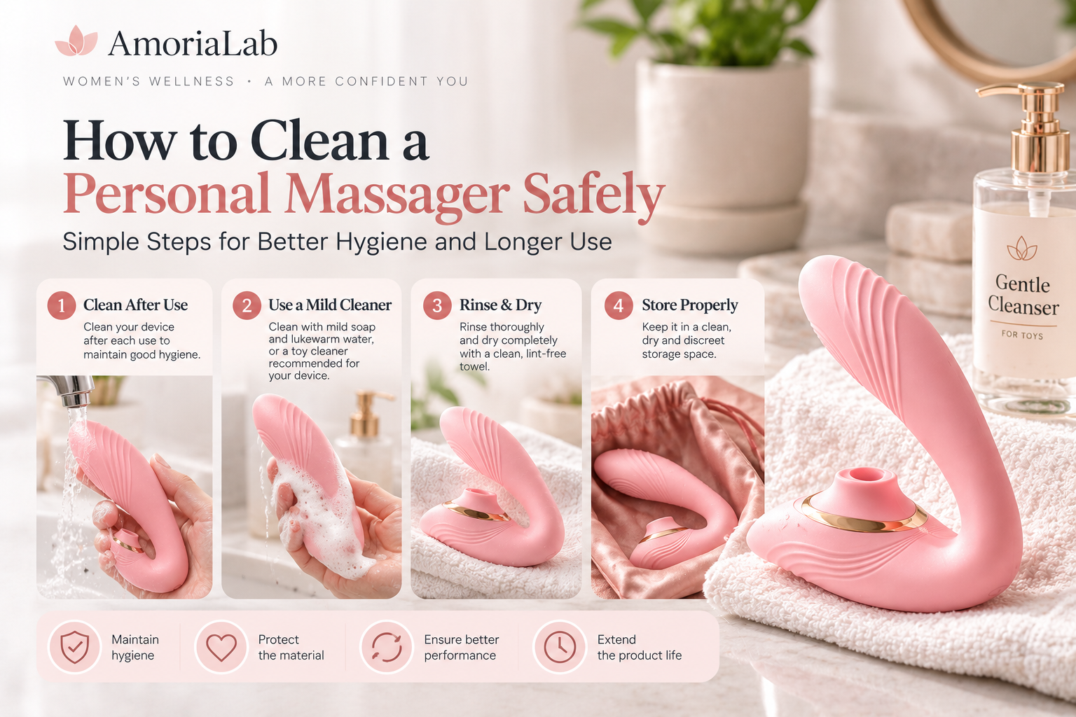 How to clean a personal massager safely with gentle cleaning, rinsing, drying and proper storage steps